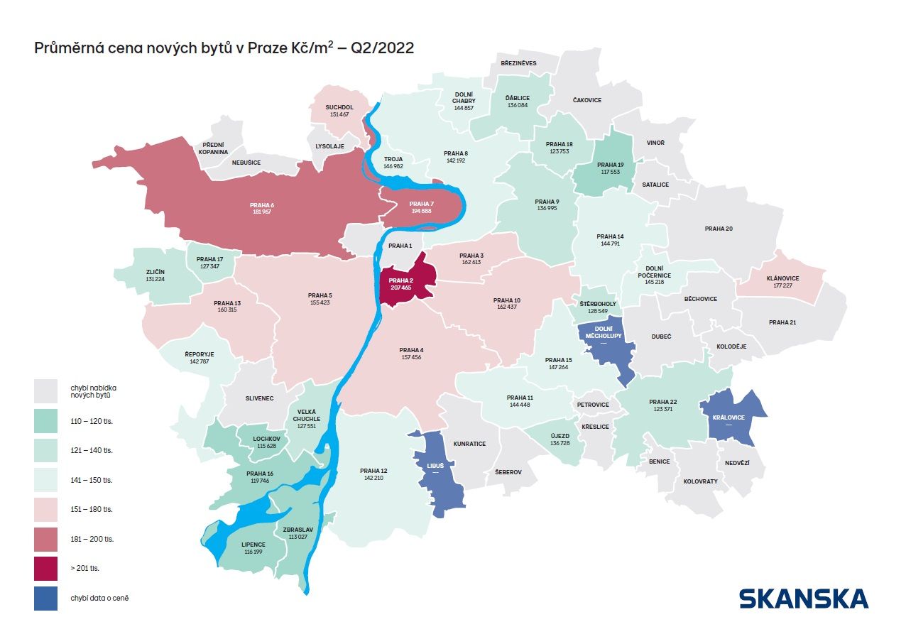 Průměrná cena nových bytů v Praze Kč-m2 - Q2-2022